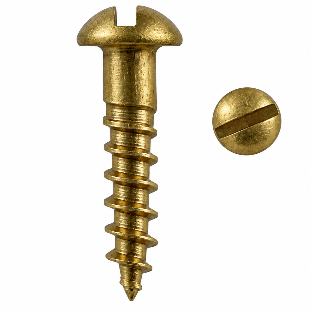 No.4 x 1" (3mm x 25mm) Round Head Slotted Wood Screw - Solid Brass